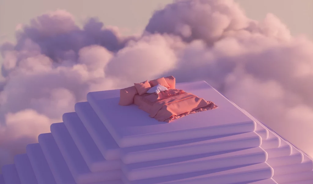 A picture of a pink bed on a white pyramid of matresses in the clouds