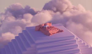 A picture of a pink bed on a white pyramid of matresses in the clouds